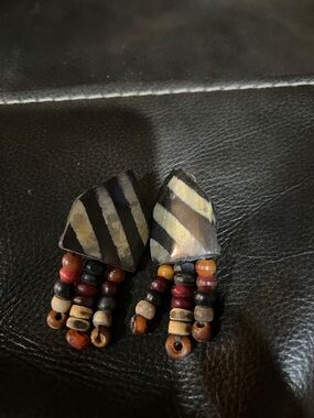 Boho Beaded Clip-On Dangle Earrings in Black & Earth Tones